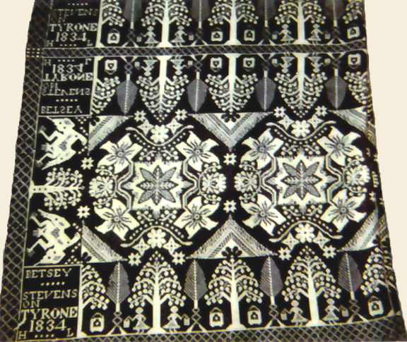 Coverlet woven for Betsey Stevenson, Tyrone, NY, 1834